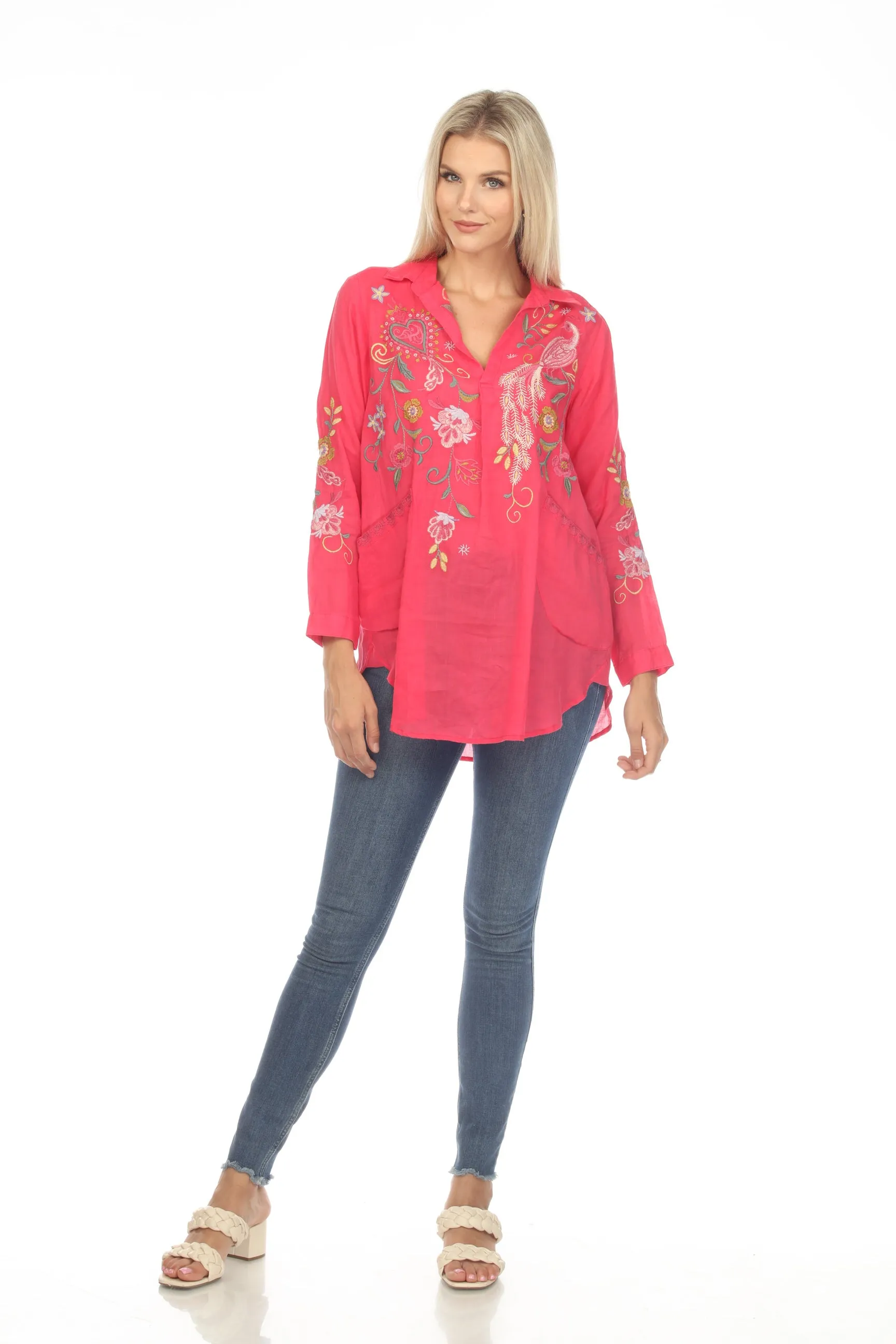 Johnny Was Workshop Ashlee Henley Popover Embroidered Tunic Top Boho Chic W26323