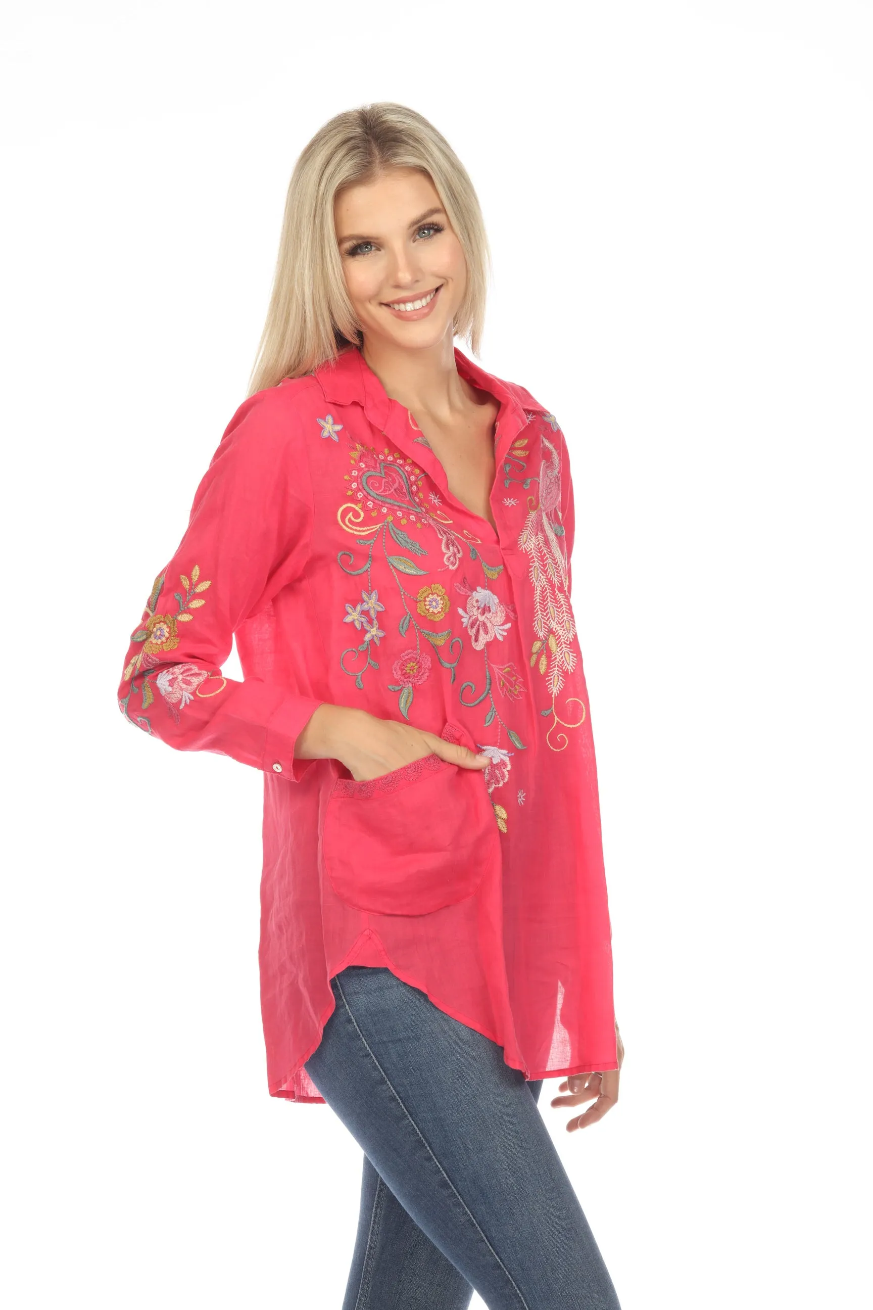 Johnny Was Workshop Ashlee Henley Popover Embroidered Tunic Top Boho Chic W26323