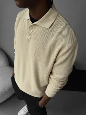 Loose Fit Knit Polo Sweater - Beige