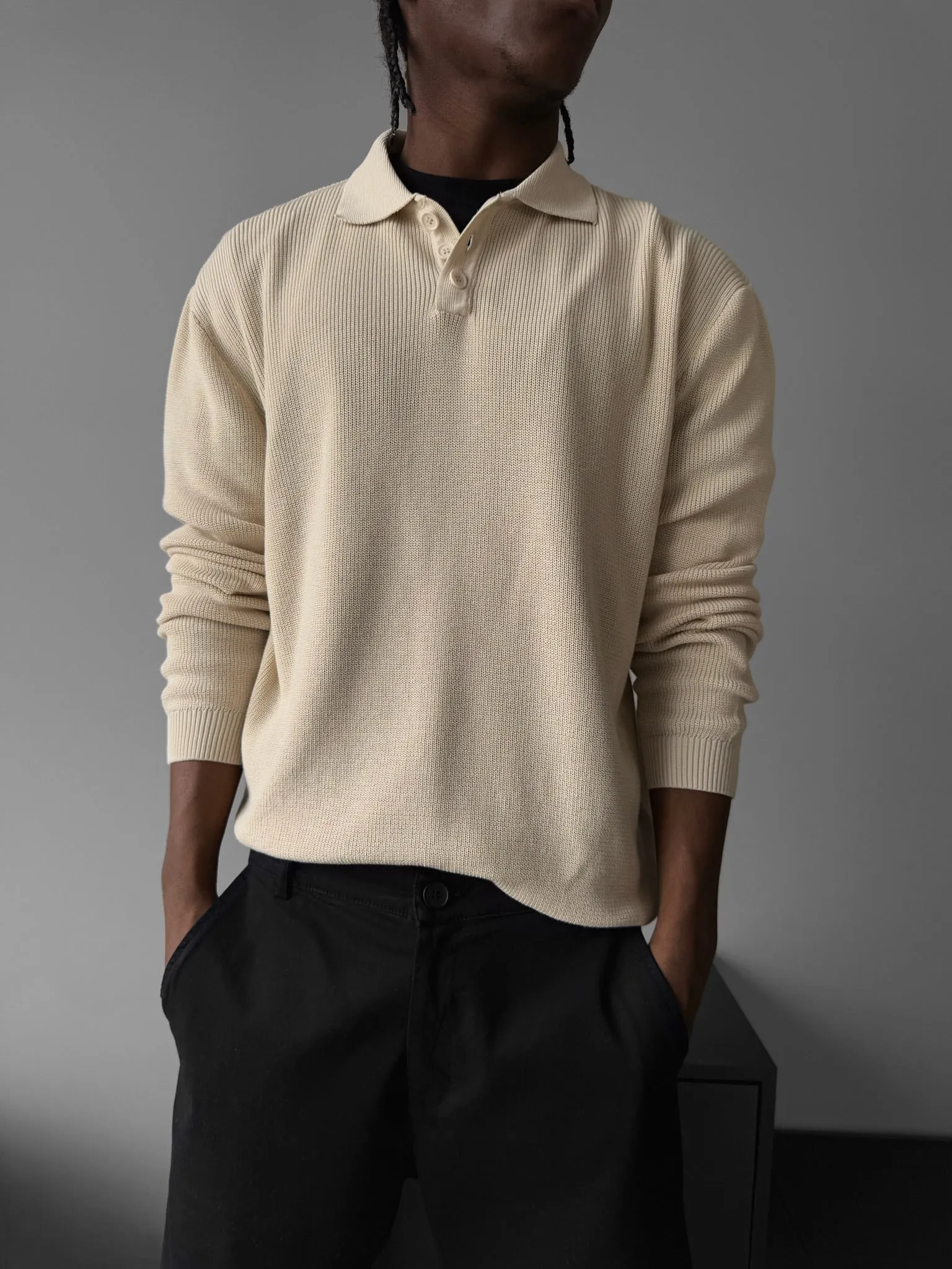 Loose Fit Knit Polo Sweater - Beige