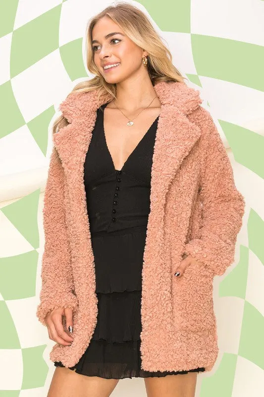 Mauve Teddy Fur Blazer Coat