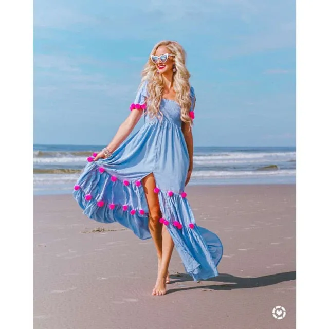 Maxi Dress Women Summer 2021 Beach Ladies Clothing Casual Bohemia Vacation A-line Long  Dresses Strapless Spaghetti Strap Dress