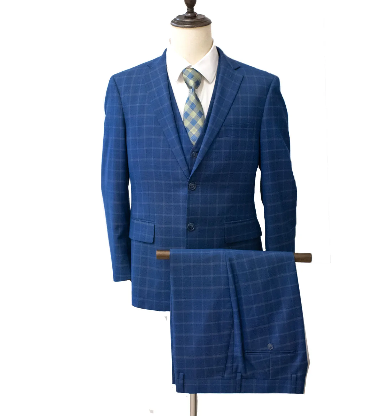 MDZ Windowpane Modern Fit Vested Suit - Medium Blue