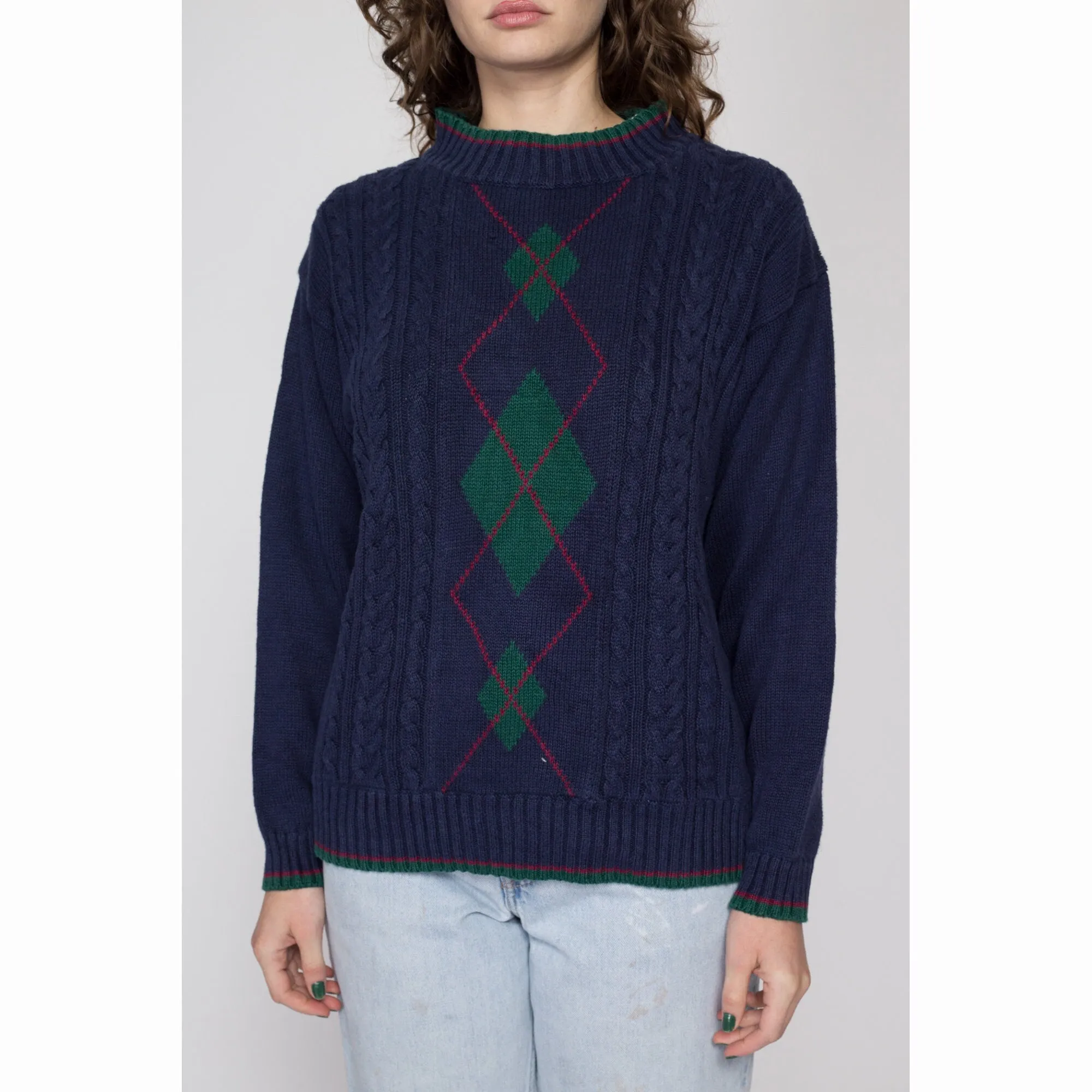 Medium 80s Jantzen Navy Blue Argyle Cable Knit Sweater