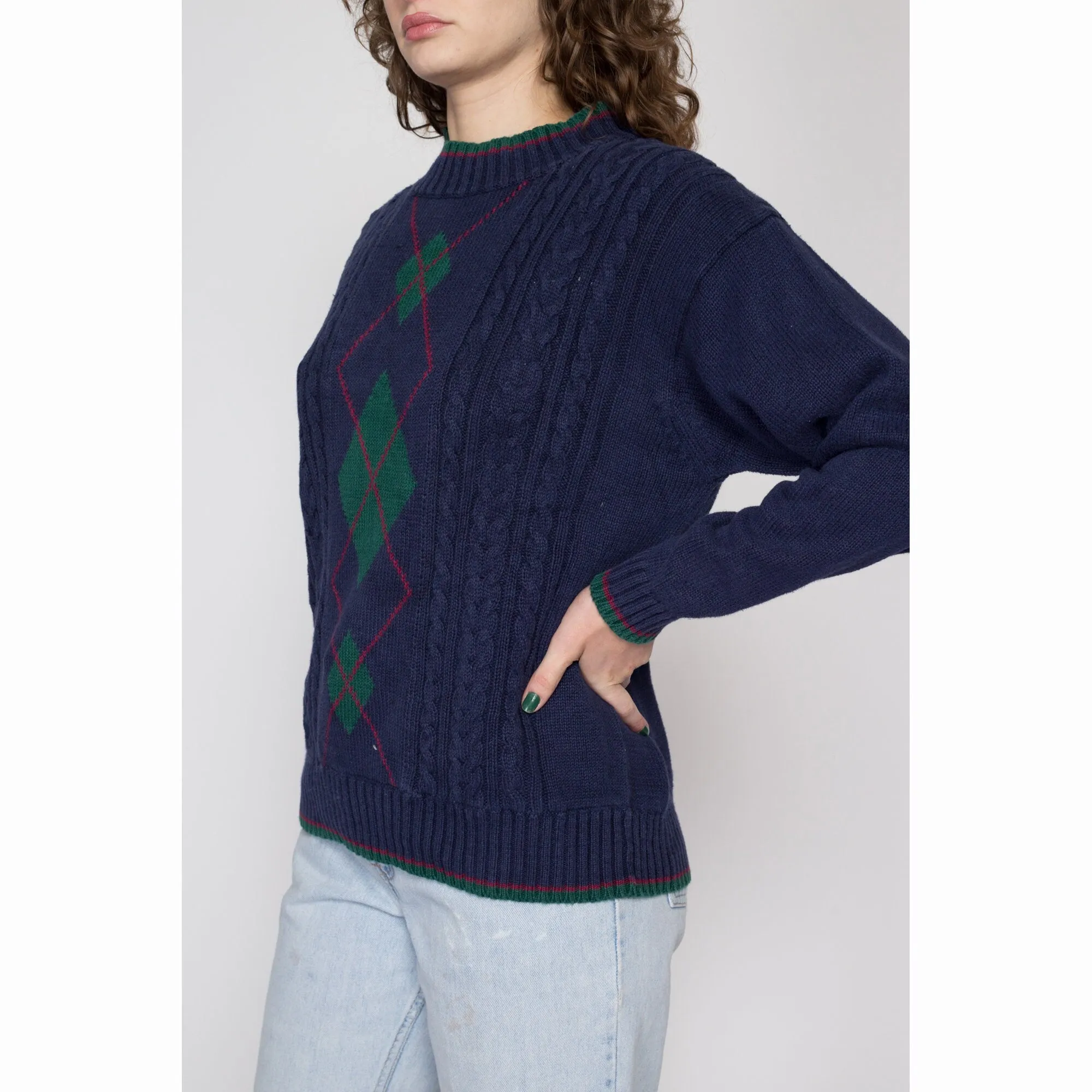 Medium 80s Jantzen Navy Blue Argyle Cable Knit Sweater