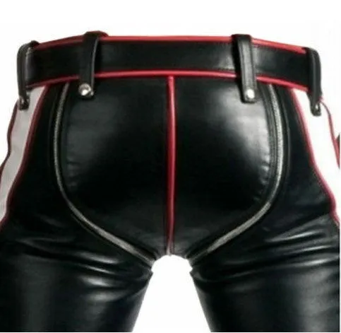 Mens Bondage Trousers Black Red White Leather Heavy Duty