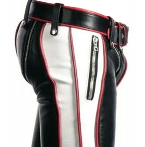 Mens Bondage Trousers Black Red White Leather Heavy Duty