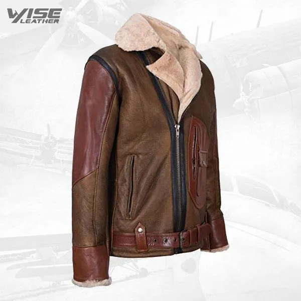 Men's Brown B3 Sheepskin Leather Aviator Biker Jacket - Crossover Edition