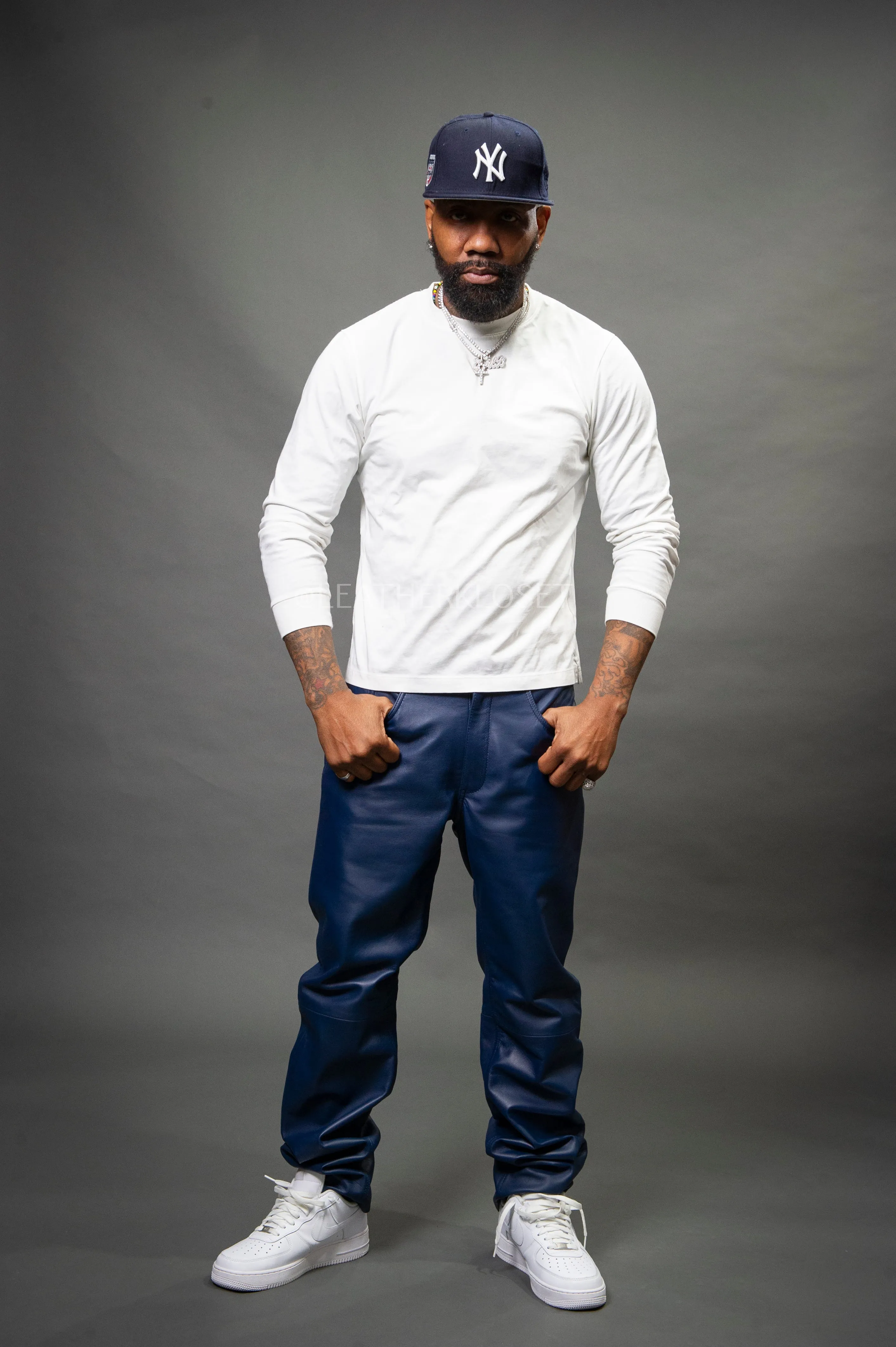 Men's Leather Jean Pants [Navy Blue]