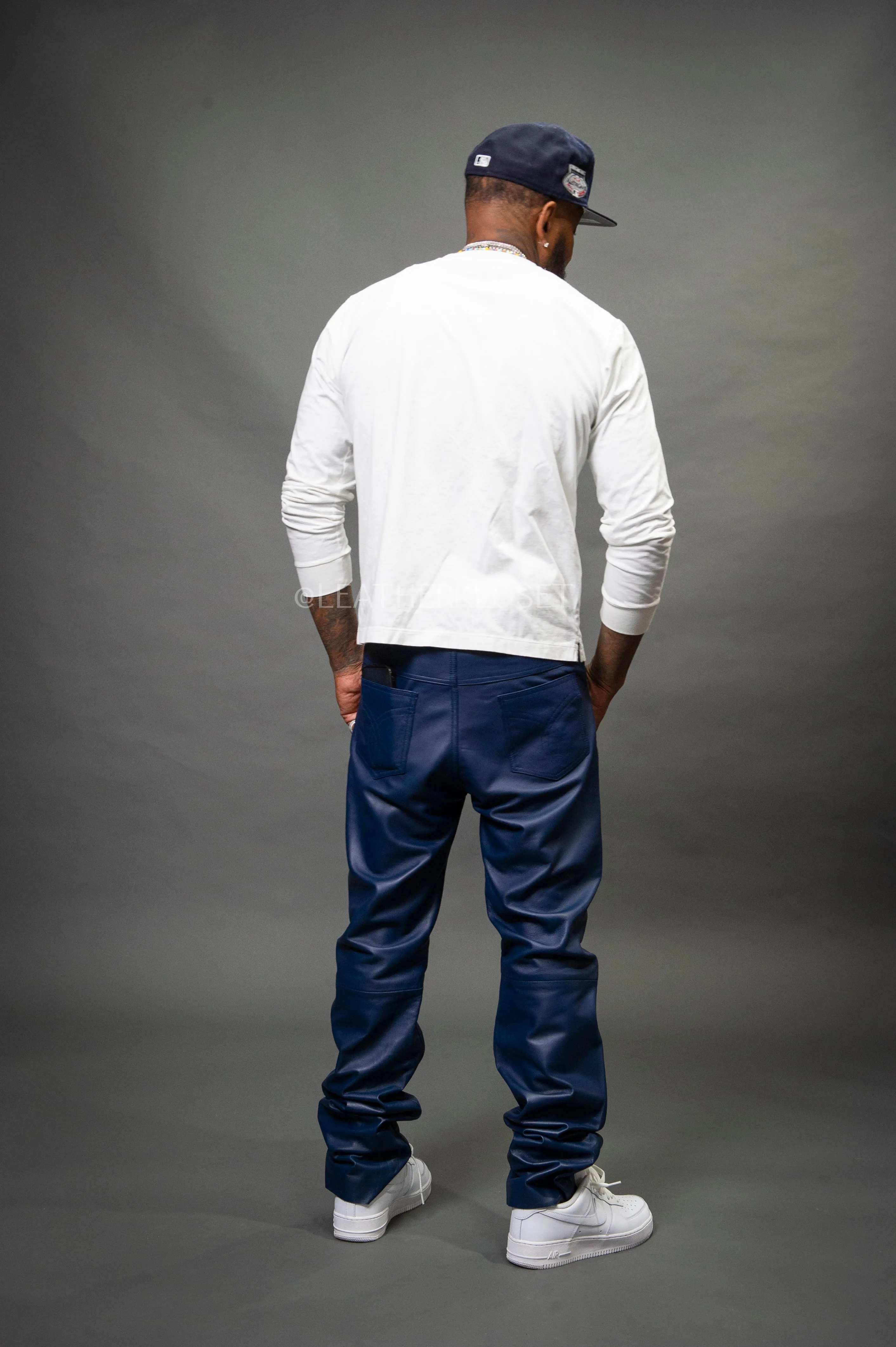 Men's Leather Jean Pants [Navy Blue]