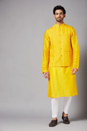 Men's Mustard Color Nehru Jacket With Kurta Pant Set - Hilo Design