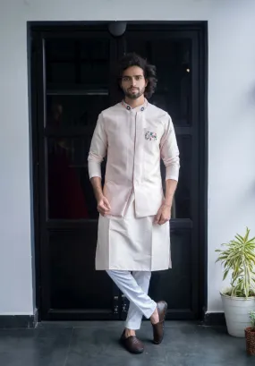 Men's Peach Color Jacket With Kurta Pant Set - Hilo Design