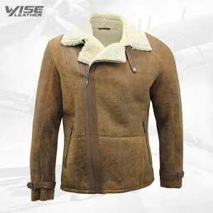 Men's Tan Double-Breasted Genuine Sheepskin Leather Biker Jacket