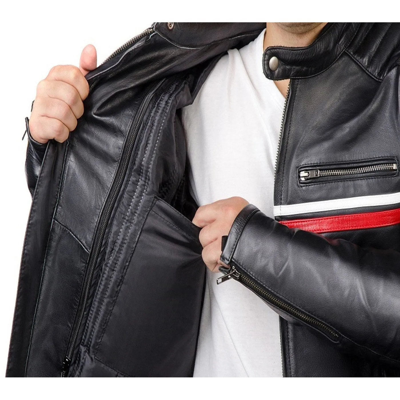 Metropolis Biker Leather Jacket with a red stripe