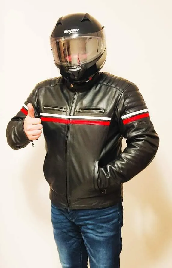 Metropolis Biker Leather Jacket with a red stripe