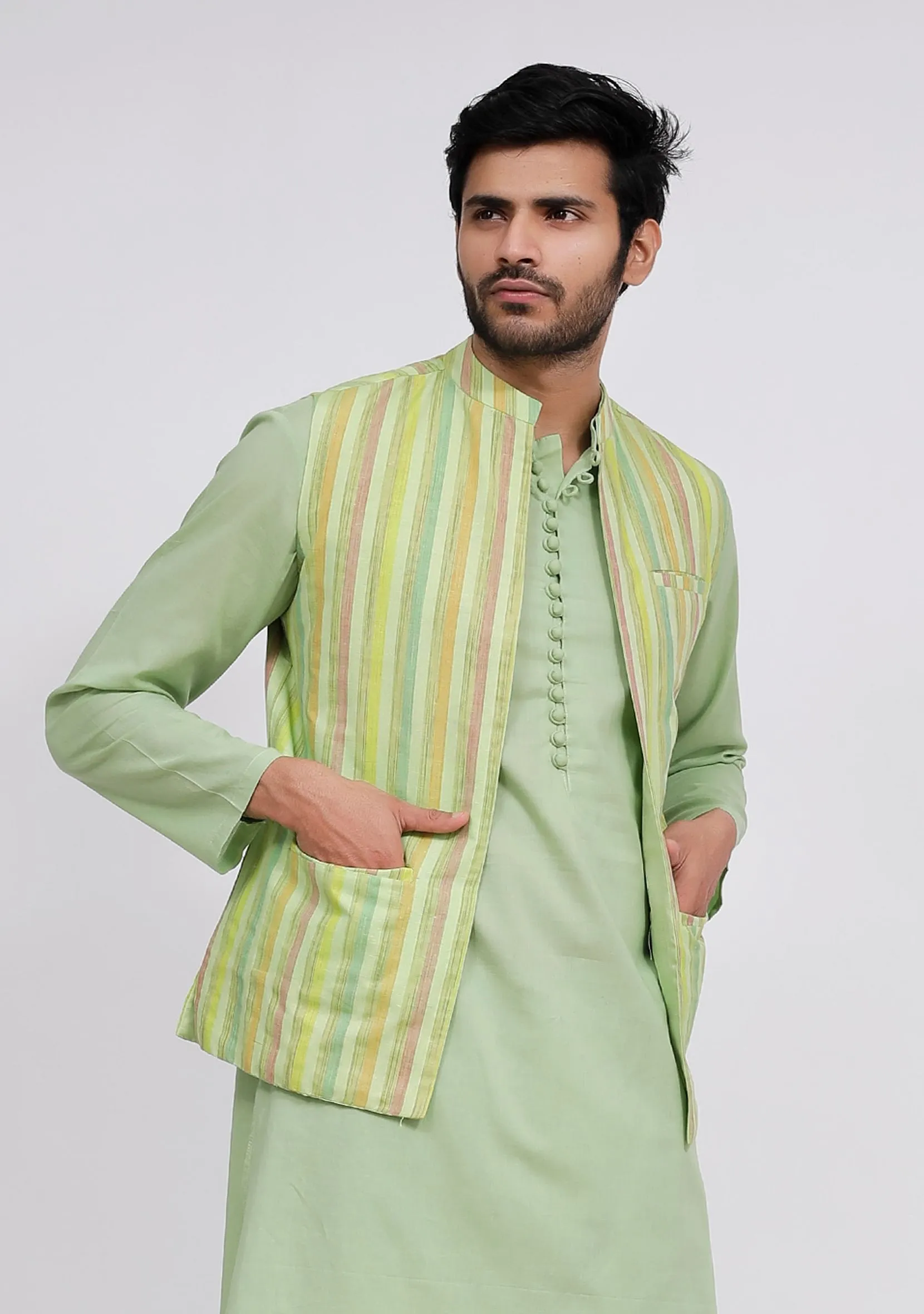 Mint Green Stripe Nehru Jacket