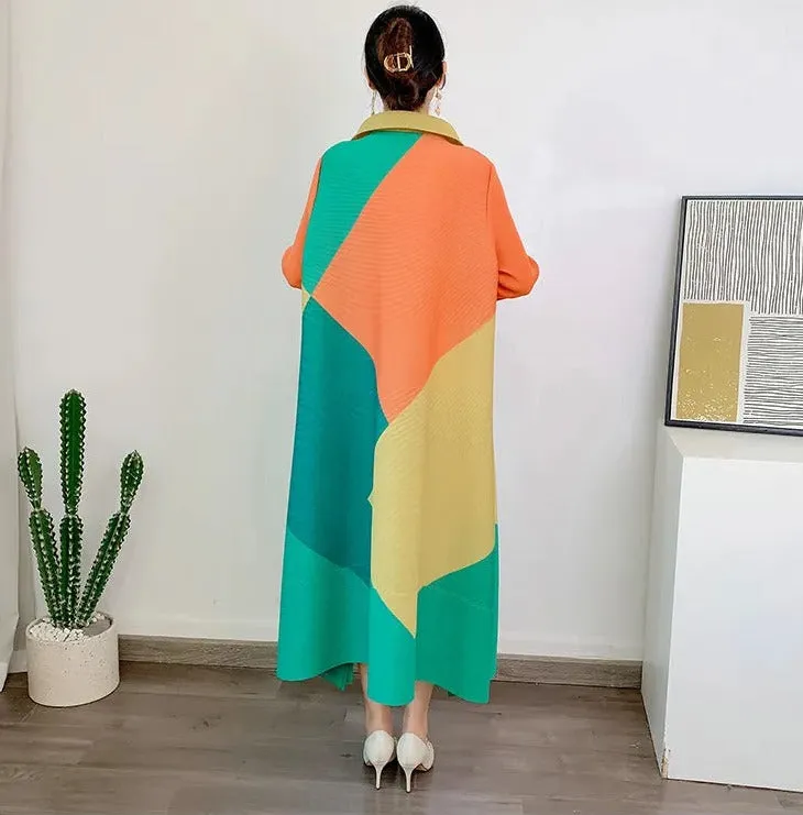 Miyake Pleated Color Block Lapel Collar Midi Dress