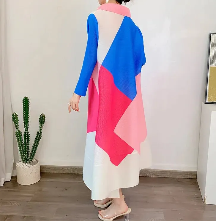 Miyake Pleated Color Block Lapel Collar Midi Dress