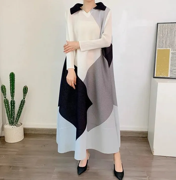 Miyake Pleated Color Block Lapel Collar Midi Dress