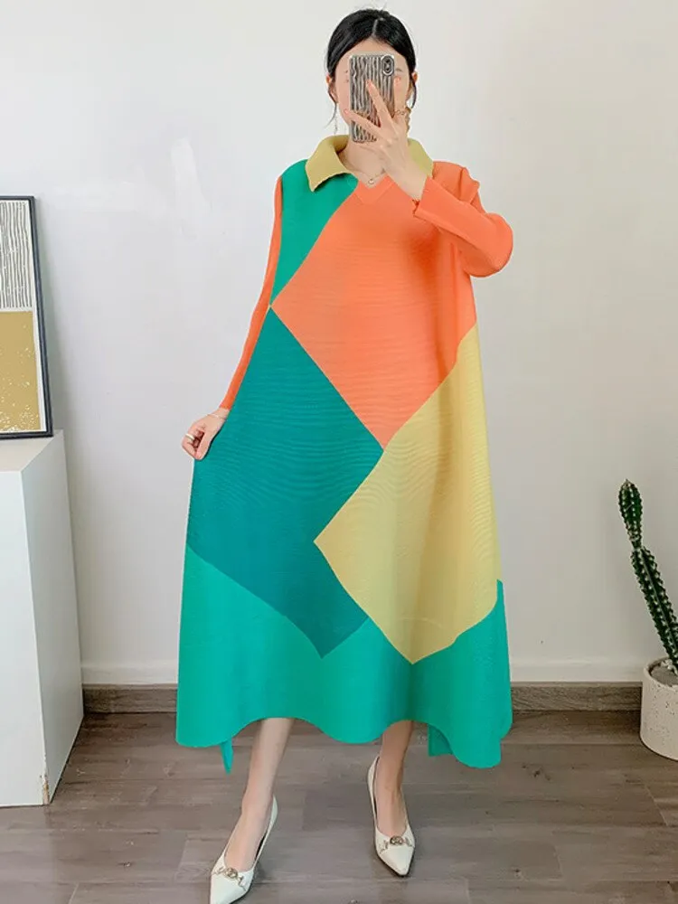 Miyake Pleated Color Block Lapel Collar Midi Dress