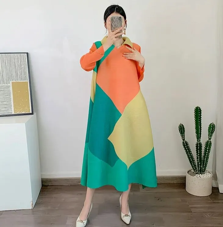 Miyake Pleated Color Block Lapel Collar Midi Dress