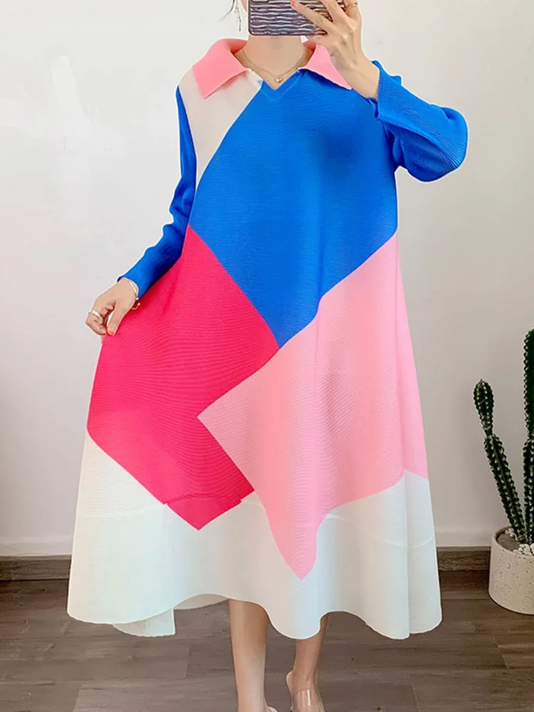 Miyake Pleated Color Block Lapel Collar Midi Dress