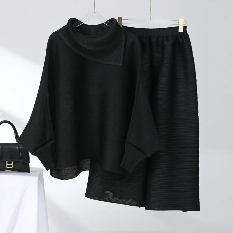 Miyake Pleated Long Sleeve Top and  Wide Leg Pants Set