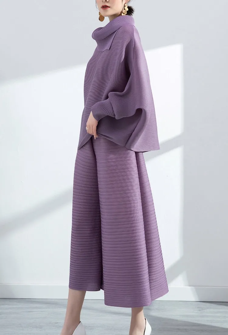 Miyake Pleated Long Sleeve Top and  Wide Leg Pants Set