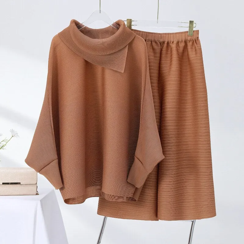 Miyake Pleated Long Sleeve Top and  Wide Leg Pants Set