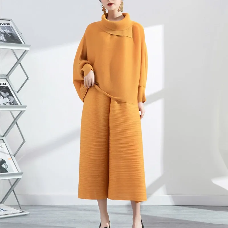 Miyake Pleated Long Sleeve Top and  Wide Leg Pants Set