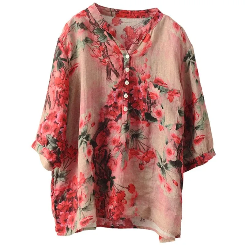 Mori Girl Print V-Neck Top