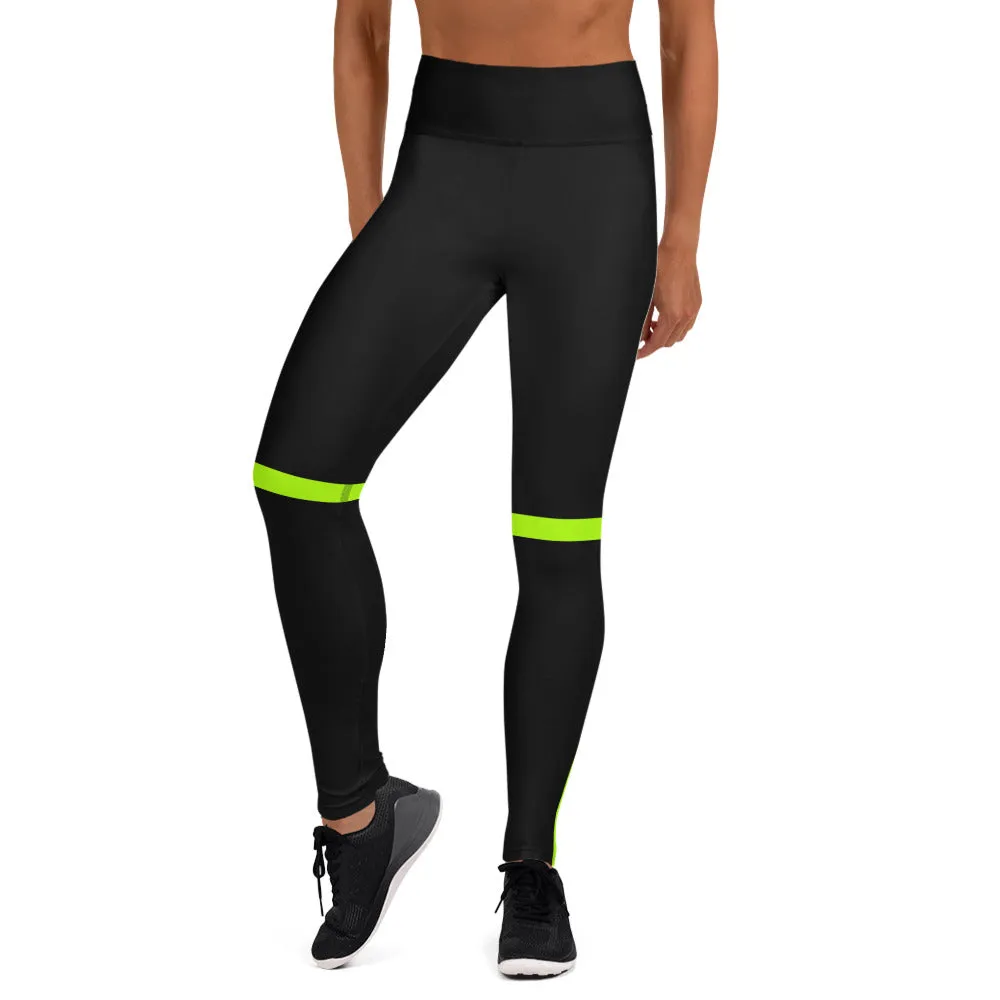 Neon Green Women's Yoga Leggings, Striped Black Compression Soft Tights-Made in USA/EU/MX