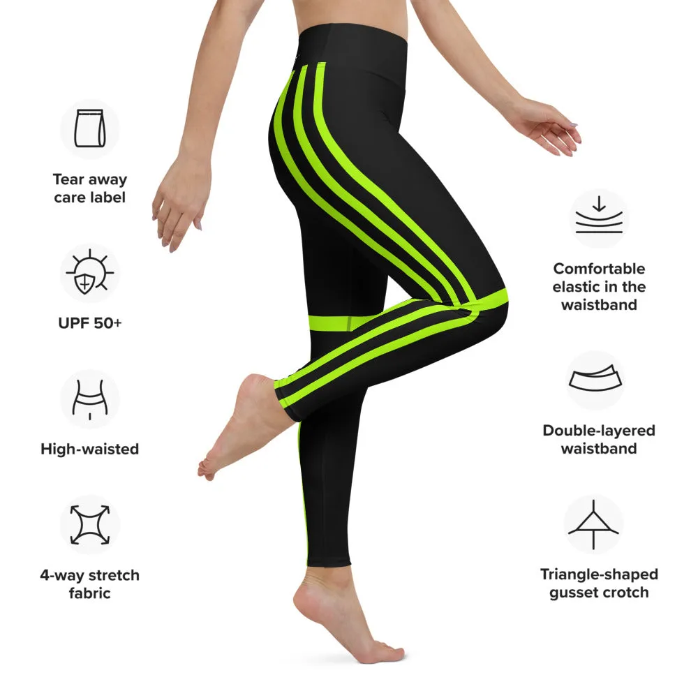 Neon Green Women's Yoga Leggings, Striped Black Compression Soft Tights-Made in USA/EU/MX