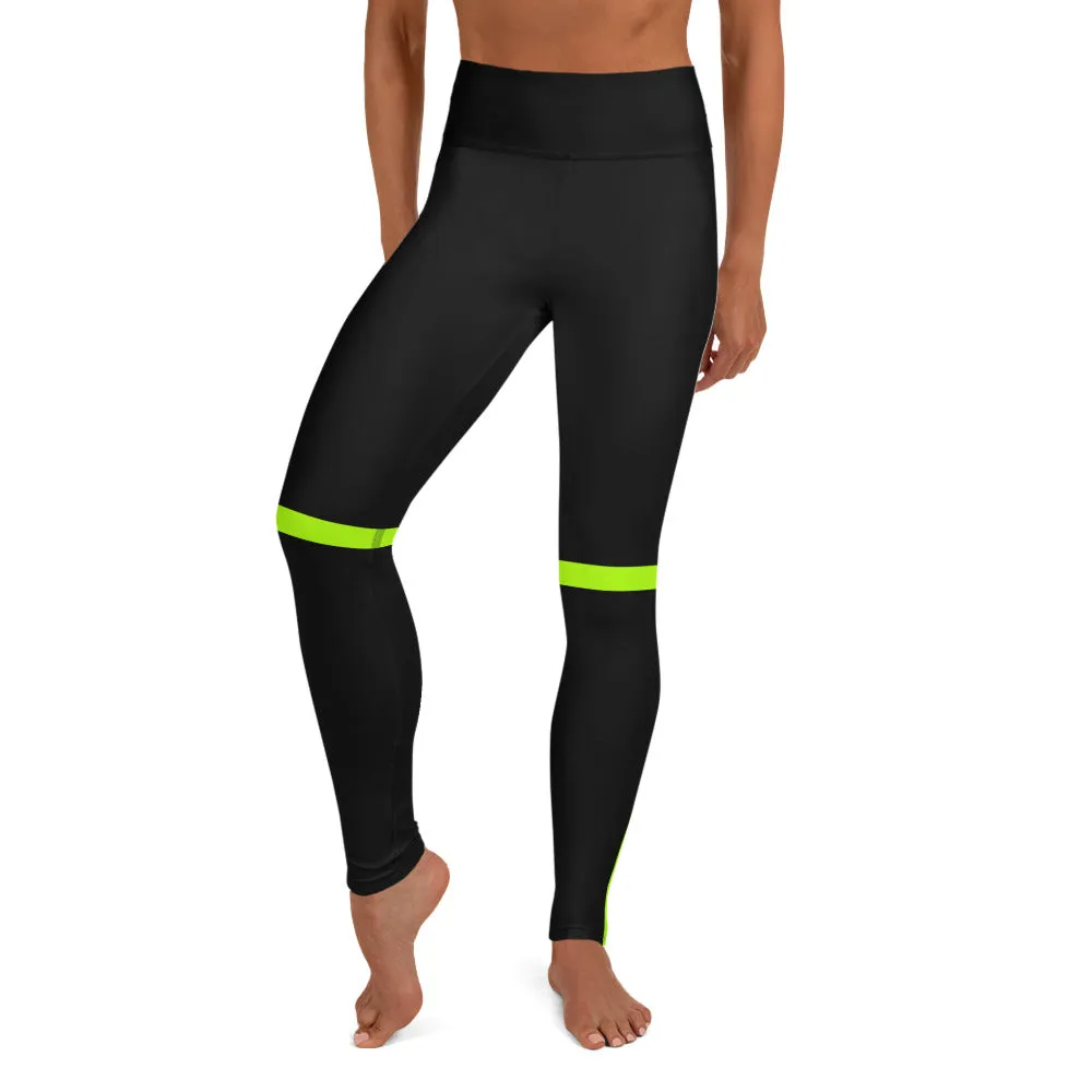 Neon Green Women's Yoga Leggings, Striped Black Compression Soft Tights-Made in USA/EU/MX