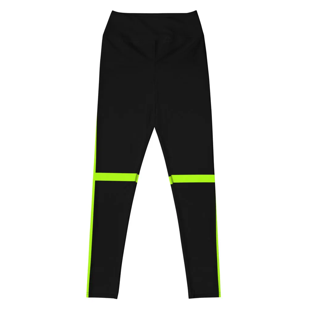 Neon Green Women's Yoga Leggings, Striped Black Compression Soft Tights-Made in USA/EU/MX