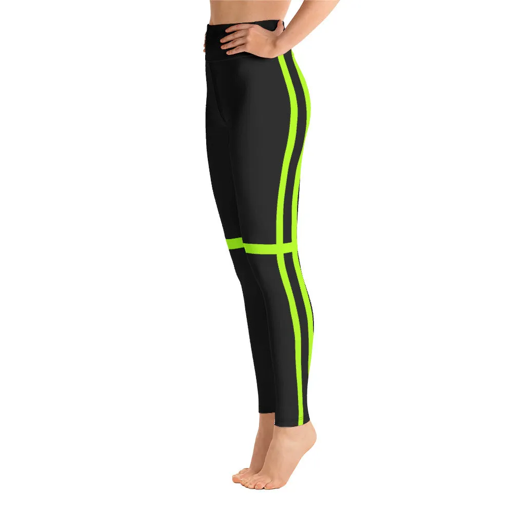 Neon Green Women's Yoga Leggings, Striped Black Compression Soft Tights-Made in USA/EU/MX