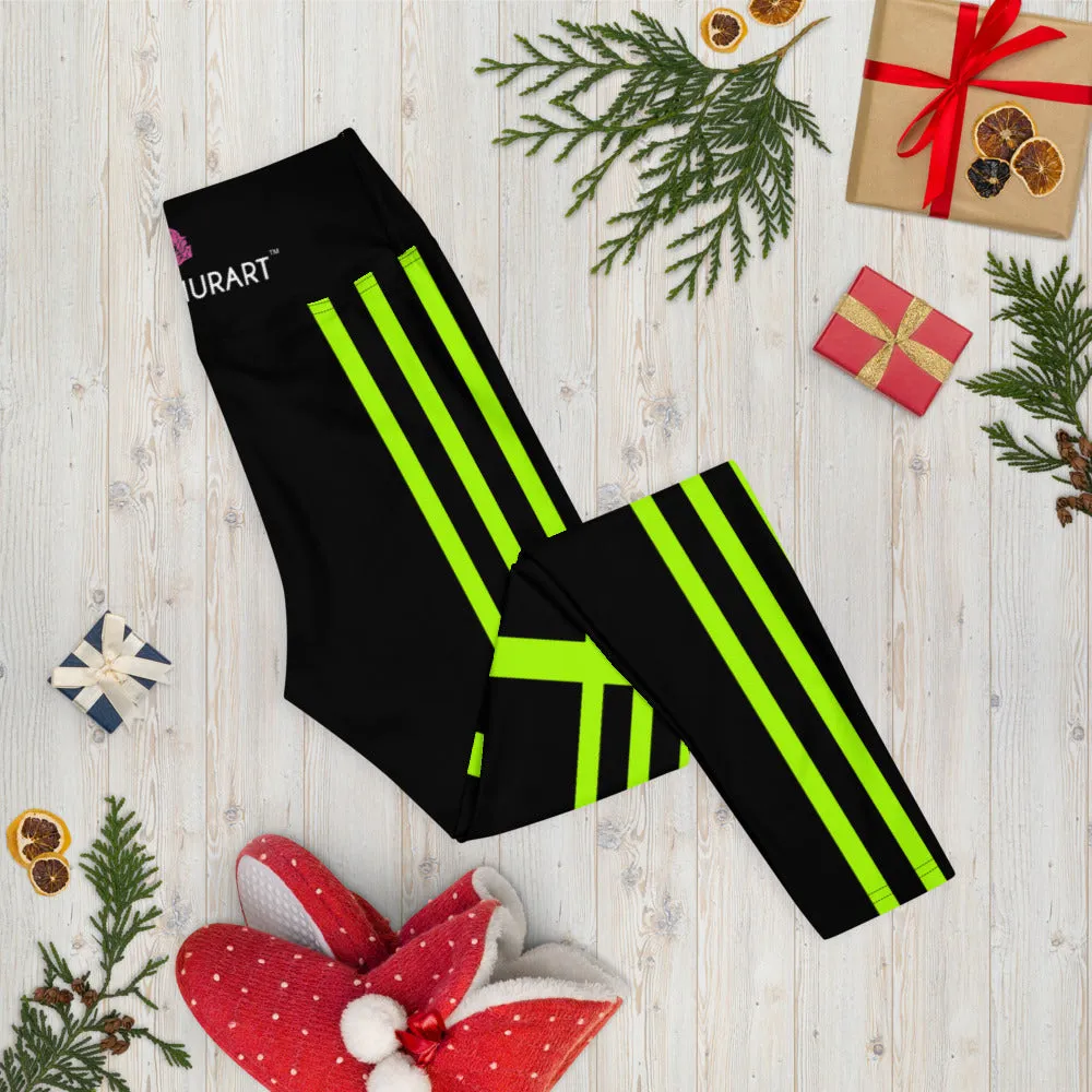 Neon Green Women's Yoga Leggings, Striped Black Compression Soft Tights-Made in USA/EU/MX