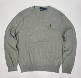 Nwt Polo Ralph Lauren Grey w/Green Horse V-Neck Cotton Sweater