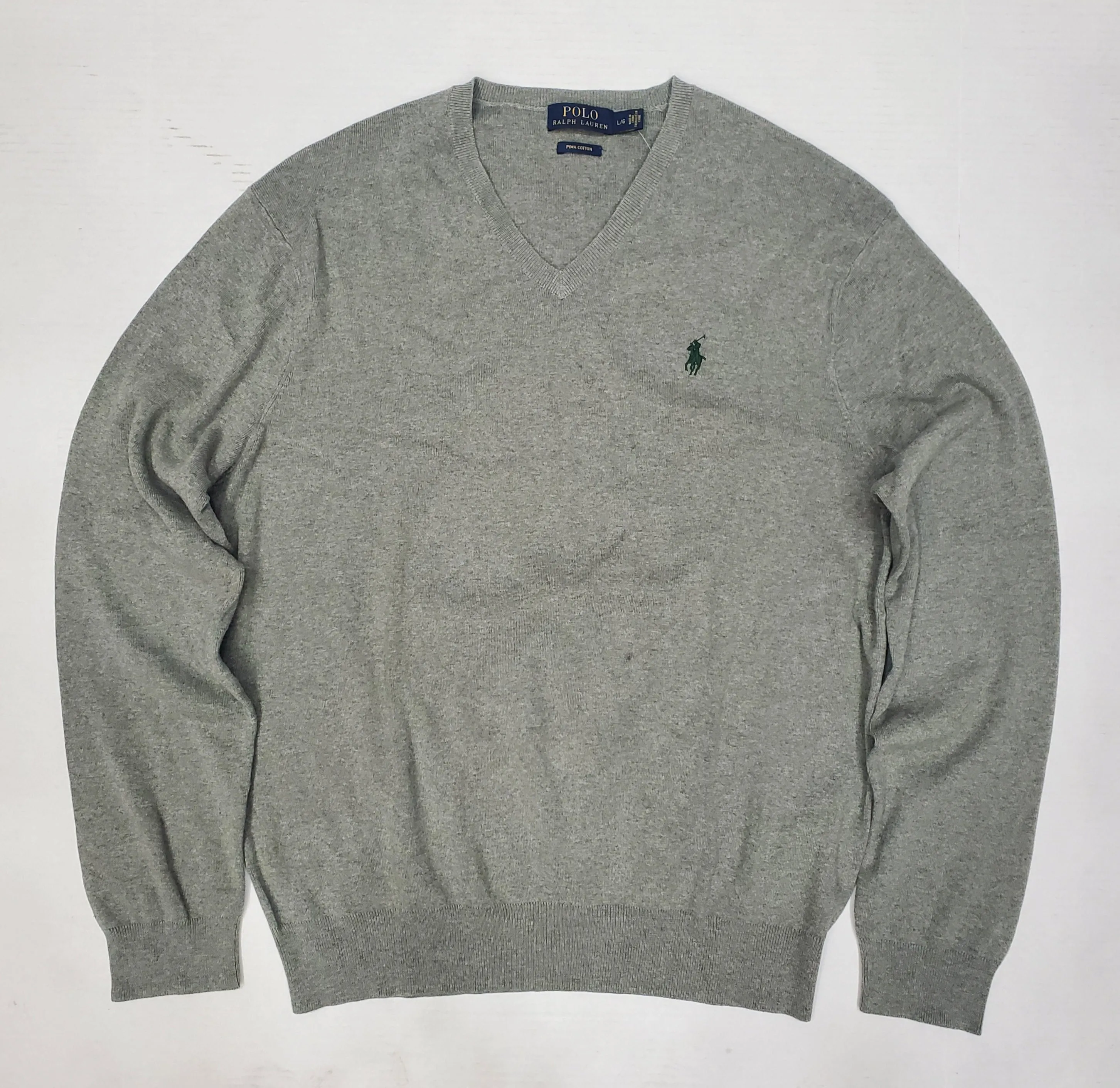 Nwt Polo Ralph Lauren Grey w/Green Horse V-Neck Cotton Sweater