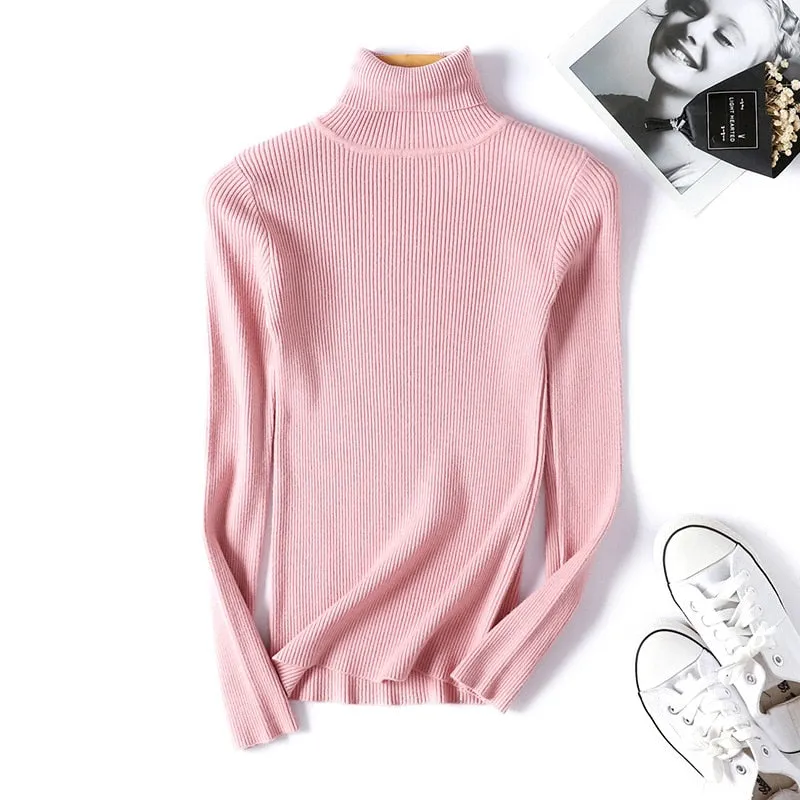 On sale 2019 autumn winter Women Knitted Turtleneck Sweater Casual Soft polo-neck Jumper Fashion Slim Femme Elasticity Pullovers