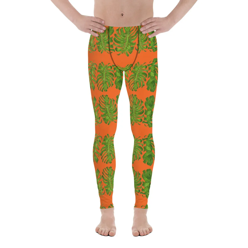 Orange Tropical Leaf Men's Leggings, Hawaiian Style Leaves Meggings Tights-Made in USA/EU/MX