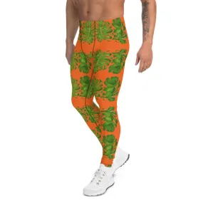 Orange Tropical Leaf Men's Leggings, Hawaiian Style Leaves Meggings Tights-Made in USA/EU/MX