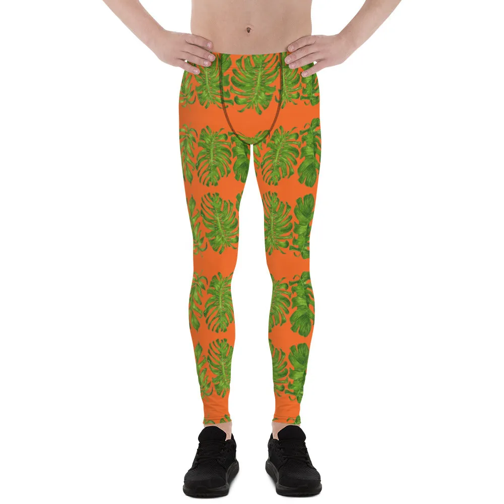 Orange Tropical Leaf Men's Leggings, Hawaiian Style Leaves Meggings Tights-Made in USA/EU/MX