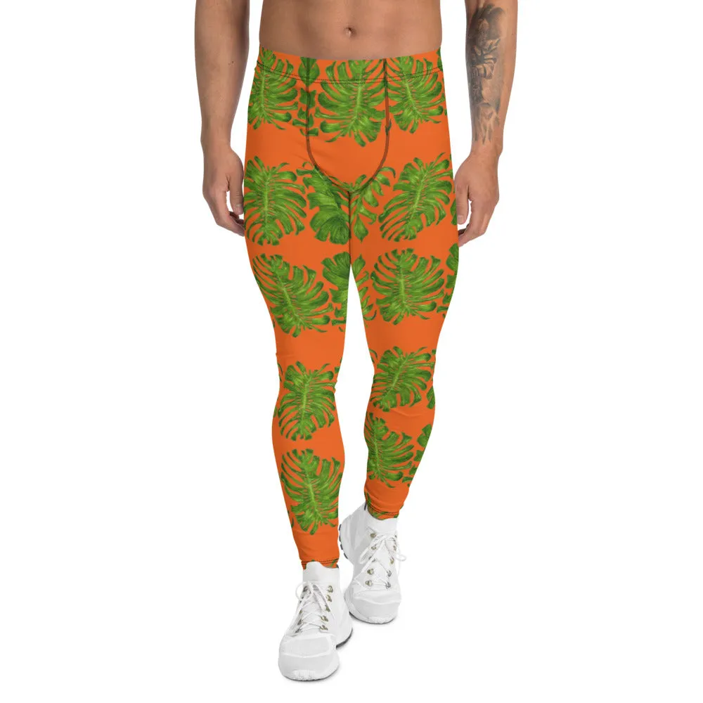 Orange Tropical Leaf Men's Leggings, Hawaiian Style Leaves Meggings Tights-Made in USA/EU/MX