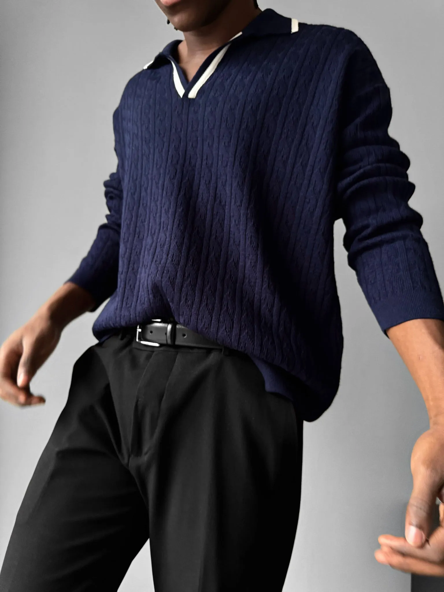 Oversize Structured Polo Sweater - Dark Blue