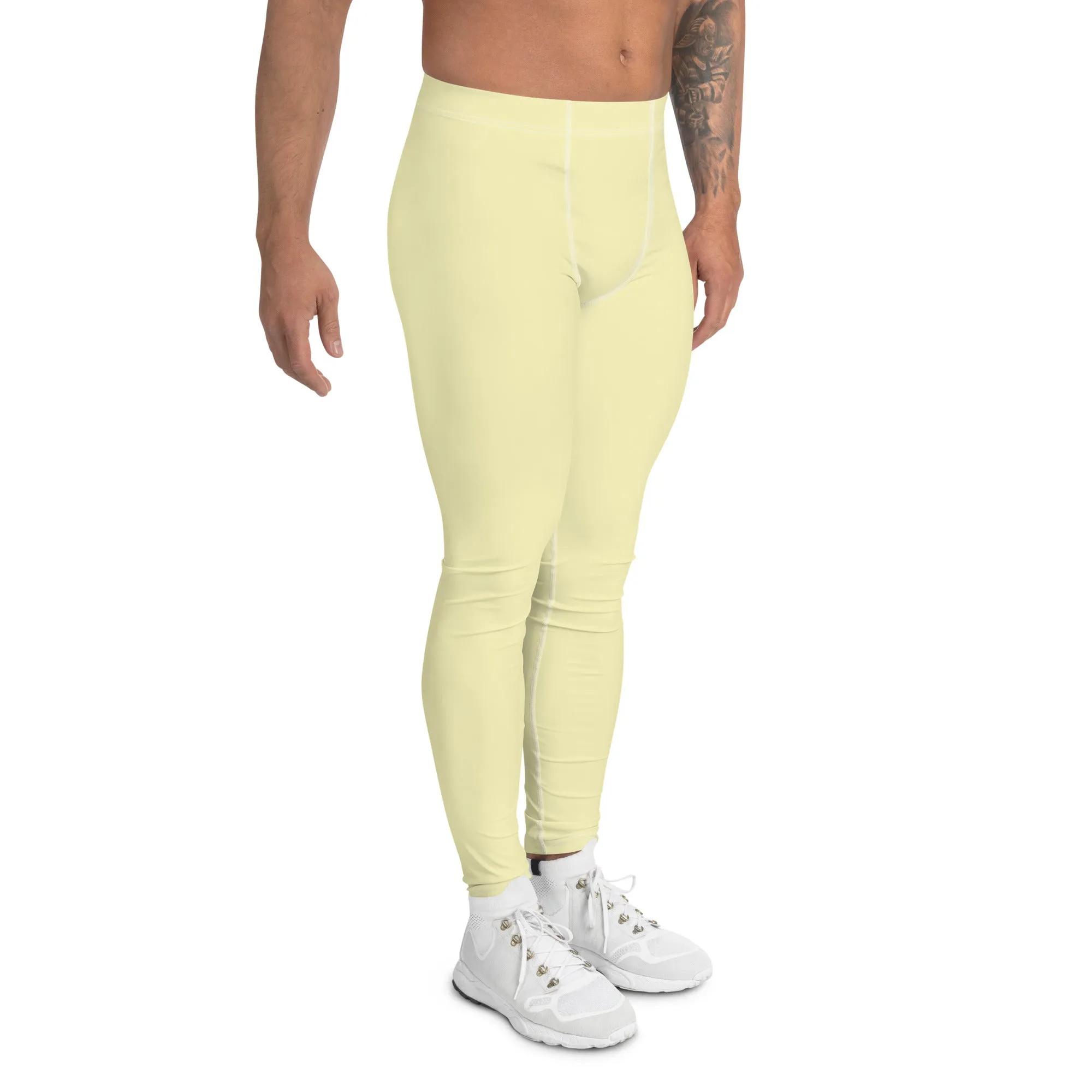 Pale Yellow Color Meggings, Solid Yellow Color Premium Designer Men's Tight Pants - Made in USA/EU/MX