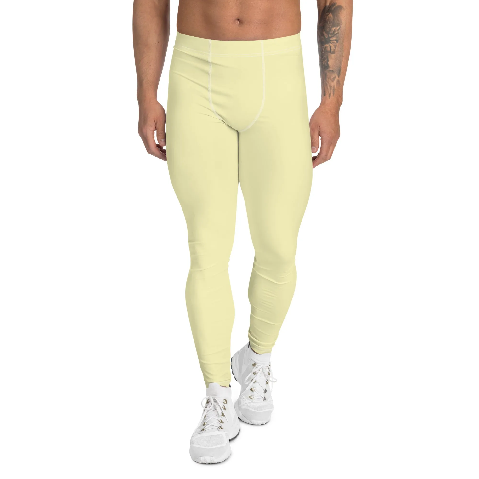 Pale Yellow Color Meggings, Solid Yellow Color Premium Designer Men's Tight Pants - Made in USA/EU/MX