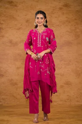 Pink Embroidered Pure Silk Pants Set