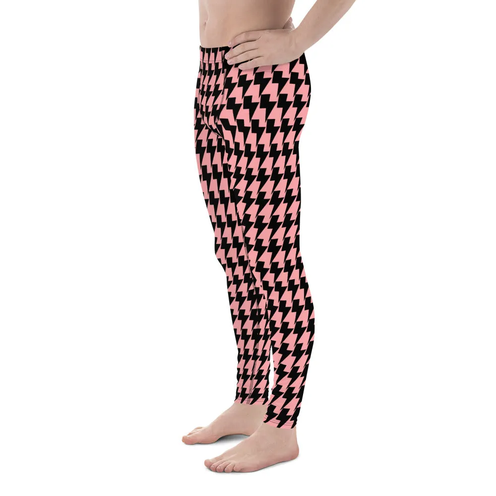 Pink Lightning Men's Leggings, Lightning Pattern Abstract Designer Running Compression Tights For Men - Made in USA/EU/MX