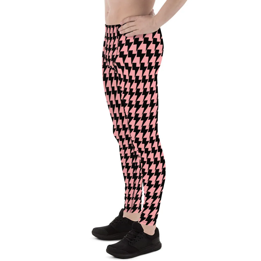 Pink Lightning Men's Leggings, Lightning Pattern Abstract Designer Running Compression Tights For Men - Made in USA/EU/MX